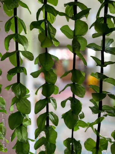 Privacy curtain separating rooms in the house. Design element of the interior. Green veil made of synthetic leaves