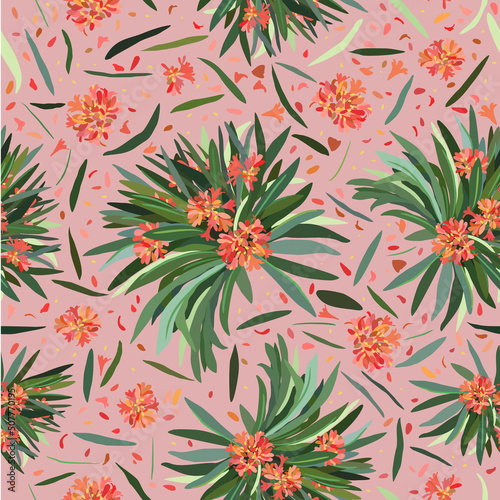 Vector seamless floral pattern with clivia flowers. Bright plant on soft pink background.