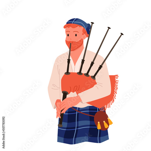 Scottish man bagpiper in kilt playing traditional melody vector illustration. Cartoon scotsman character with bagpipe instrument, male artist on celtic music concert or festival isolated on white