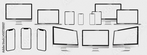 Realistic mock up set computer, laptop, tablet and phone. Device screen mockup collection. Mock up computer, laptop, tablet, phone. Vector illustration EPS 10