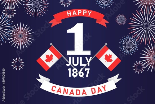 Happy canada day banner, canadian flags and date 1 july 1867 on blue background with fireworks
