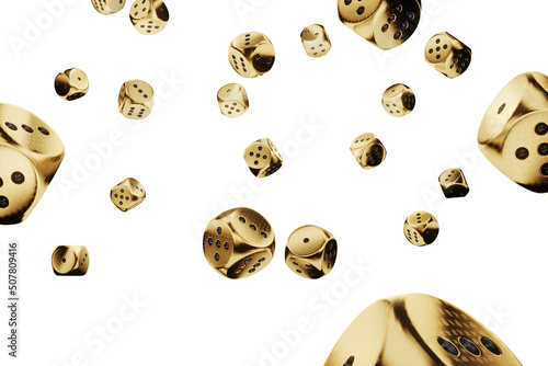 Casino concept, set of dice made of gold isolated on white background. Gambling, luxury style 3D render, 3D illustration.