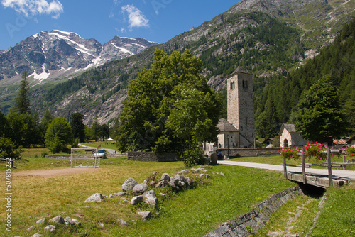 View of idyllic alpine village of Macugnaga during sunny day of july in Piedmont