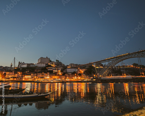 Cityscape of Porto over the Douro Luis II river in Porto, Portugal in Summer 2022.