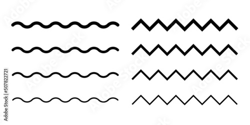 Wave line and wavy zigzag lines. Black curved lines pattern in abstract style. Horizontal geometric decoration element. Vector illustration.