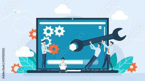 User interface customization, programming. Concept of creating, setting personal pages, and repairing. User customizes settings on monitor. Laptop screen with users personal page. Vector illustration