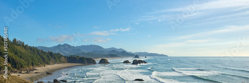 Panorama of the ocean coastline near Cannon Beach in Oregon.