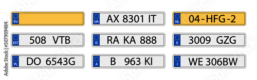 Plate car with number. Plate car license. European registration of vehicle. Sign of europe licence. Euro numberplate of auto. Icon of eu, germany, poland, netherlands, spain and italy. Vector