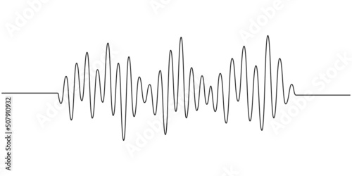 Continuous one line drawing of sound wave with different amplitude. Soundwave in simple linear style for banner music, webinar, online training. Editable stroke. Doodle vector illustration