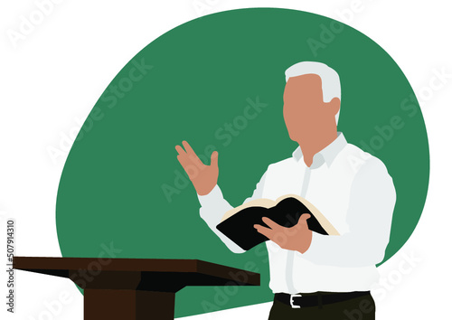 older man pastor preaching in church pulpit