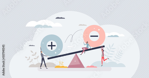 Pros and cons as benefits and threats analysis process tiny person concept. Good and bad situation balance evaluation with simple plus and minus choice scales vector illustration. Positive or negative