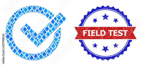 Blue crystal mosaic vote yes icon, and bicolor textured Field Test seal. Crystal related parts are arranged into abstract collage vote yes icon. Red round seal contains Field Test title inside circle.