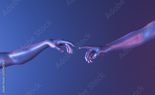 people reaching out hands towards each other in neon lights