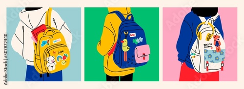 Person wearing oversized clothing standing with backpack. Rear View. Backpack with books, toy and patches, label. Back to school, college, education, study concept. Set of three Vector illustrations