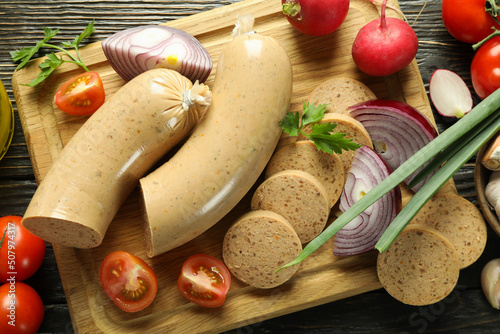 Concept of tasty food, liverwurst sausage, top view