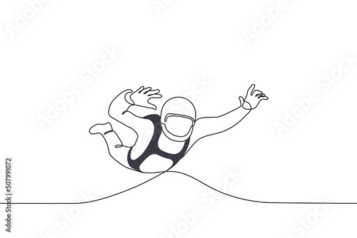man in helmet flies with parachute not opened yet - one line drawing vector. concept solo parachute jump, soldier, paratrooper, scout, military