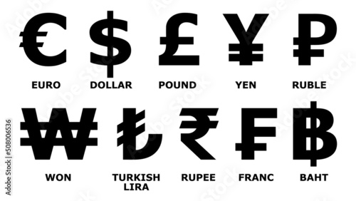 Most used currency symbols on white background.