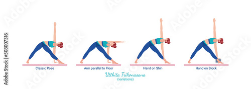 Young woman is standing in Utthita Trikonasana. Possible variations. Active woman in Extended Triangle. Girl is exercising enjoying healthy lifestyle. Vector Illustration isolated on white background