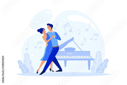 Dance teacher or choreographer making online dance casting near piano. Concept of dancing courses for children and adults online from the comfort of your home. Flat cartoon vector illustration