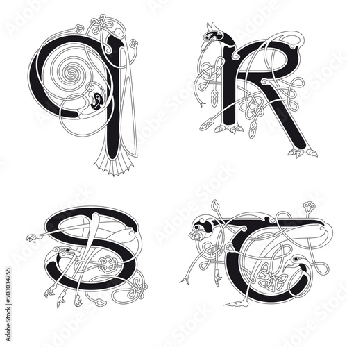 Medieval, Celtic Initial Letter Q, R, S and T combining animal body parts and endless knot ornaments in black and white