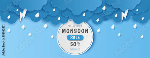 Paper cut of monsoon sale offer banner template with clouds, rain drop and lightning on blue background. Vector illustration