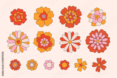 Retro set with different daisy flowers. Colorful vector illustration isolated on white background in vintage style. 70s 60s nostalgic elements for poster, card, etc