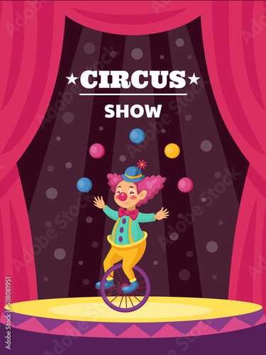 Clown poster. Carnival show with magician. Happy amusement. Jester juggling on stage. Buffoon on unicycle. Traditional fairground. Performance announcement. Vector cirque invitation