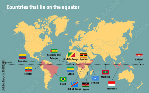 Map of all the countries that lie on the equator