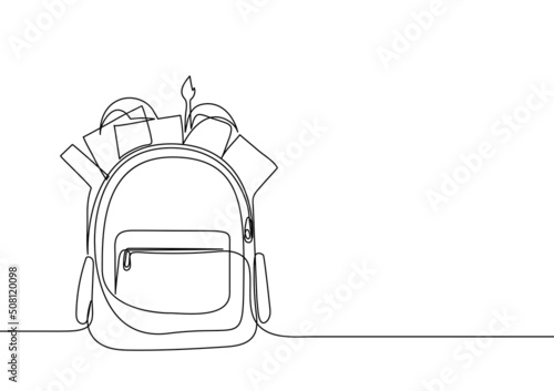 Opened backpack with stationery. Continuous line drawing. Vector illustration