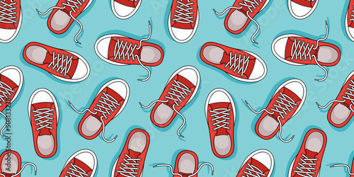 Sneakers vector seamless pattern, sport shoe background, red footwear texture. Cartoon repeat illustration