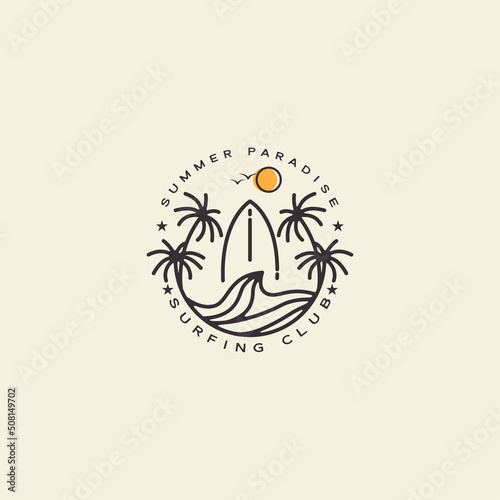 vacation summer surf retro line style logo design vector icon illustration