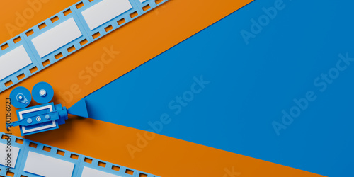 3d rendering film strip with blank space for text or message, popcorn, cinema ticket and clapperboard on orange background.