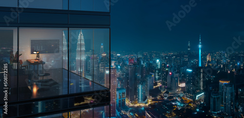 3d Office with night city skyline