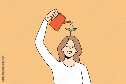 Happy woman use water can watering seedling in brain improving creativity thinking. Smiling girl involved in self-improvement process. Mindset and mental growth. Vector illustration. 