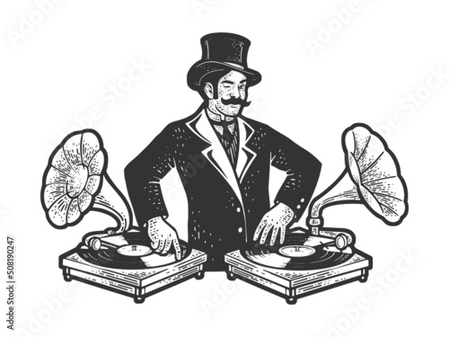 Old fashioned DJ disc jockey at mixer console with vintage gramophones phonograph sketch engraving vector illustration. T-shirt apparel print design. Black and white hand drawn image.