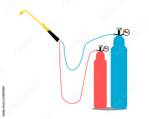 oxy acetylene welding (OAW). Oxy acetylene gas tank, cutting torch, manometer. Gas welding Oxy acetylene welding using for manufacturing, cutting metal, joining metal. flat design vector illustration