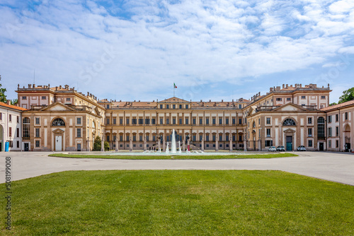 Monza (Milan, Lombardy, Italy) - Royal Palace (Villa Reale), 18th century, exterior with gardens under a clear blue sky in a spring afternoon