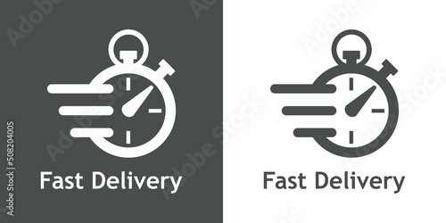 Logo de entrega urgente. Icono de cronómetro con líneas de velocidad y texto Fast Delivery para servicio, pedido, envío rápido y gratuito