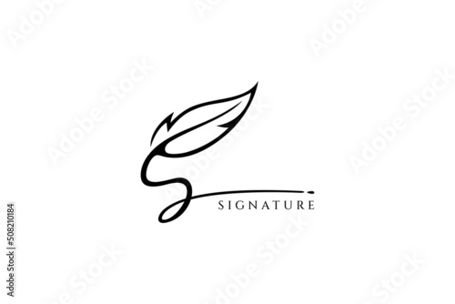 letter s logo with quill ink for classic writing style on paper, symbol of book author, publisher, initials and signature, luxury and elegant line art concept in black on white background.