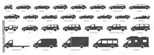Car body types. Different vehicles. Vector illustration. Collection