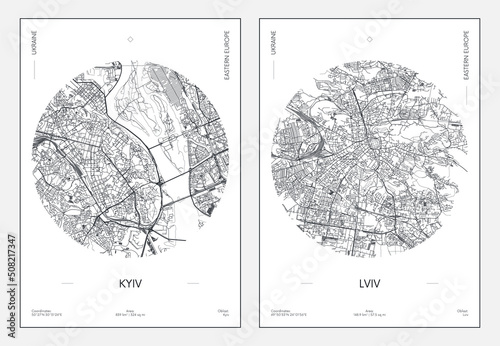Travel poster, urban street plan city map Kyiv and Lviv, vector illustration