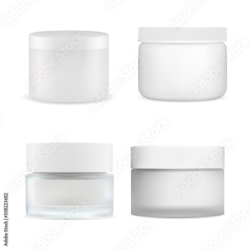Cream jar vector mockup. White plastic cosmetic container blank. Round beauty product packaging for butter, scrub or gel. Isolated face powder box. Skin care creme package with lid