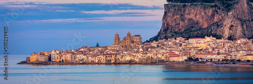 Cefalu, medieval city of Sicily island, Province of Palermo, Italy. Cefalu is city in Italian Metropolitan City of Palermo located on Tyrrhenian coast of Sicily, Italy.