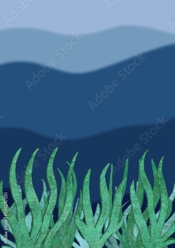 morskie oceaniczne tło z wodorostami na różnych planach, zieleń z niebieskimi kolorami