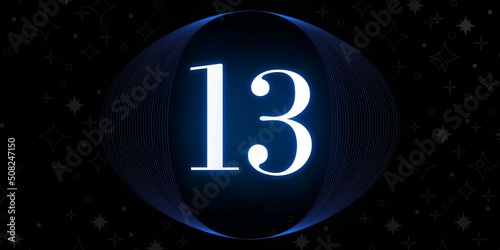 Number 13. Banner with the number thirteen on a black background and white stars with a circle blue in the middle