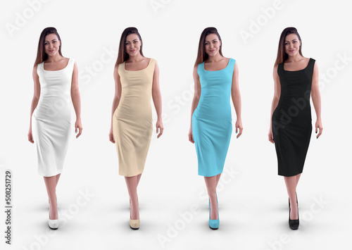 Mockup of a white, black, blue, nude tight-fitting dress, a beautiful sundress on a slender girl, isolated on a background, front. Set.