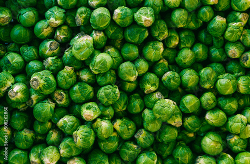 Brussels sprouts background top view, flat lay