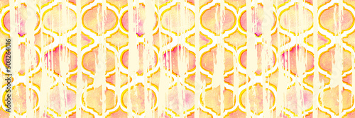 Quatrefoil Seamless Pattern for Header. Fortuna Gold and Yellow Rhombus Majolica Background. Barbed Watercolour Trellis. Damask Print. Geometric Morrocan Tile. Lattice Marrakesh Watercolor Header.