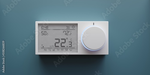 Digital thermostat on blue wall. Home heating temperature control device close up. 3d render