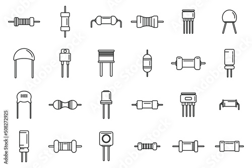 Resistor icons set outline vector. Capacitor chip